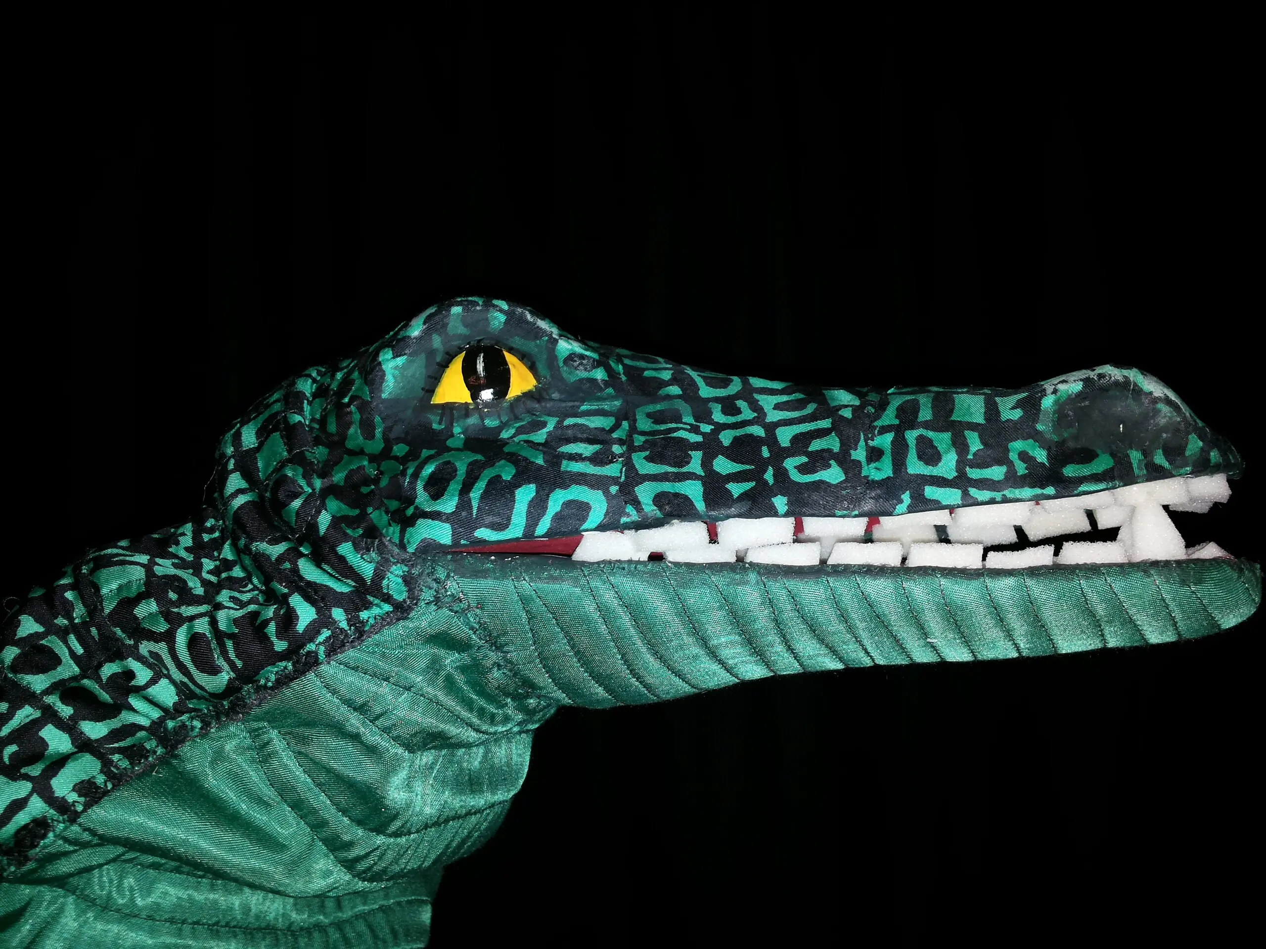 Eine Krokodil-Handpuppe vor schwarzem Hintergrund